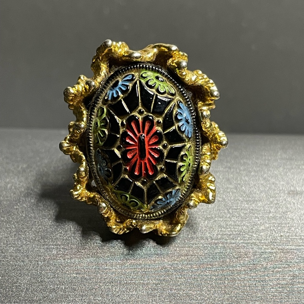 Moroccan Glass Lg Cabochon Gold Tone Leaves Vintage Adjustable Ring Sz 7 - Picture 1 of 12